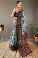 Imbrication Firozi Digital Printed Cotton Silk Saree With Epiphany Blouse Piece