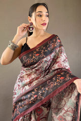 Cynosure Grey Digital Printed Cotton Silk Saree With Beleaguer Blouse Piece