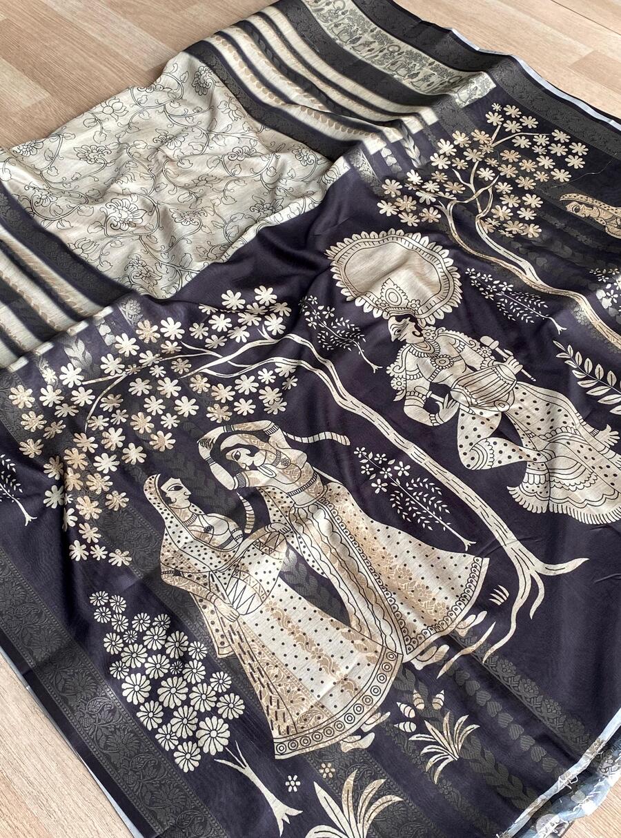 Exuberant Black and White Digital Printed Dola Silk Saree With Surpassing Blouse Piece