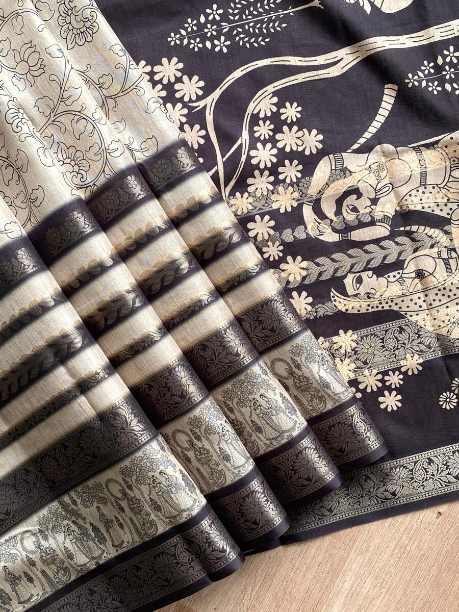 Exuberant Black and White Digital Printed Dola Silk Saree With Surpassing Blouse Piece