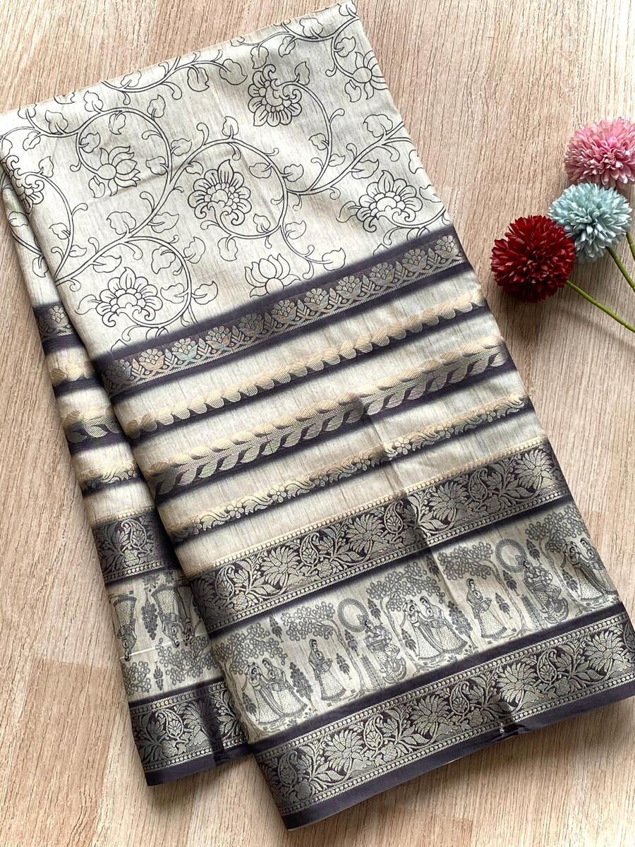 Exuberant Black and White Digital Printed Dola Silk Saree With Surpassing Blouse Piece