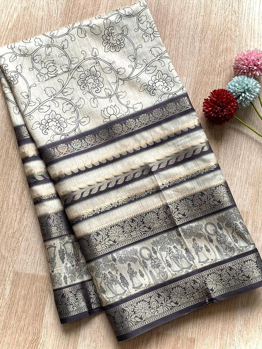 Exuberant Black and White Digital Printed Dola Silk Saree With Surpassing Blouse Piece