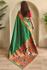 Petrichor Dark Green Paithani Silk Saree With Artistic Blouse Piece