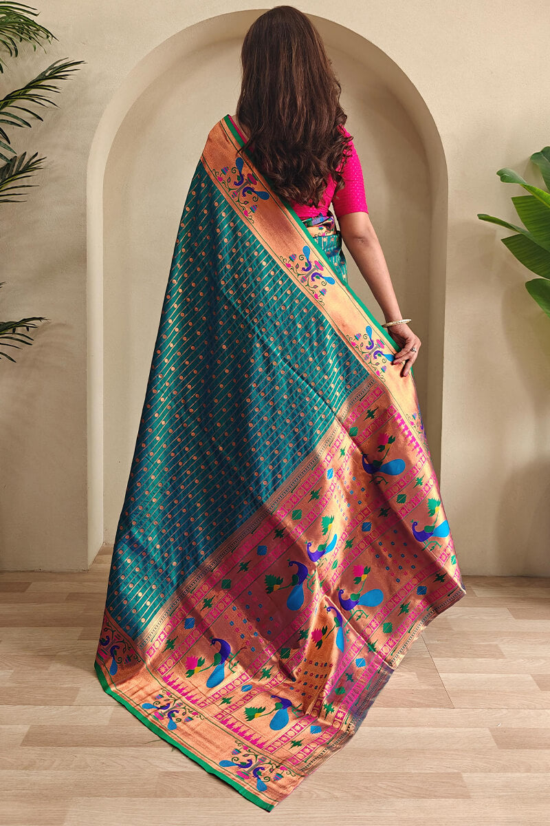 Blooming Rama Paithani Silk Saree With Energetic Blouse Piece