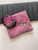 Prettiest Baby Pink Handwork Crush Chiffon Silk Saree With Twirling Blouse Piece