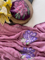 Prettiest Baby Pink Handwork Crush Chiffon Silk Saree With Twirling Blouse Piece