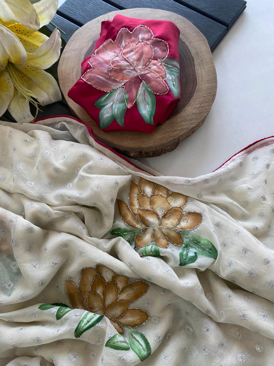 Comely Beige Handwork Crush Chiffon Silk Saree With Eloquence Blouse Piece