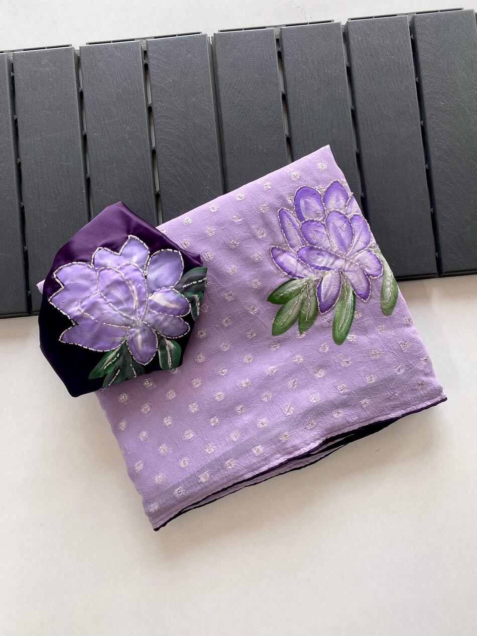 Amiable Lavender Handwork Crush Chiffon Silk Saree With Incomparable Blouse Piece