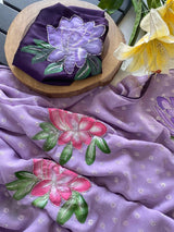 Amiable Lavender Handwork Crush Chiffon Silk Saree With Incomparable Blouse Piece