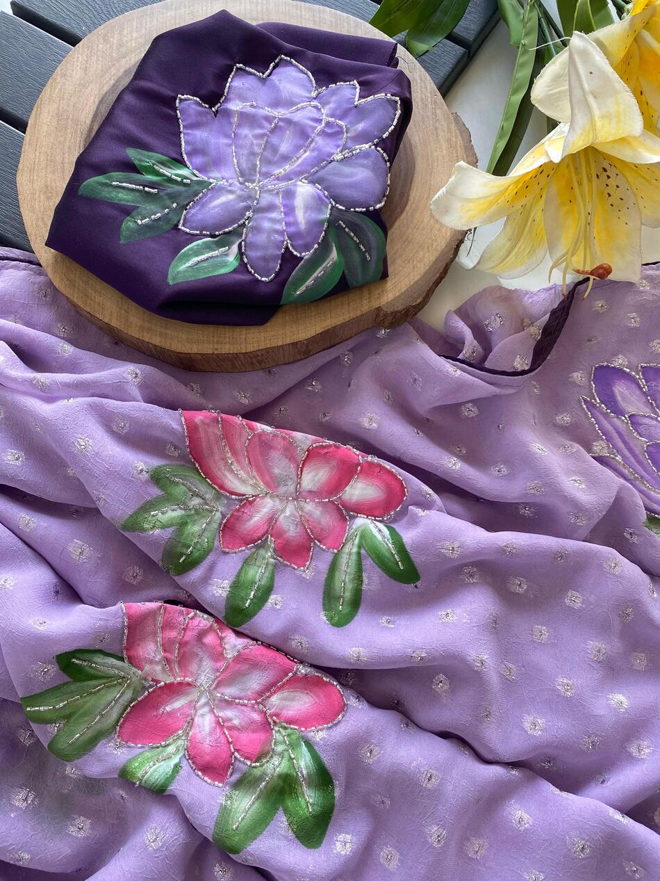 Amiable Lavender Handwork Crush Chiffon Silk Saree With Incomparable Blouse Piece