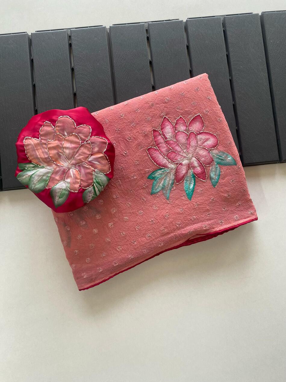 Ethnic Pink Handwork Crush Chiffon Silk Saree With Hypnotic Blouse Piece