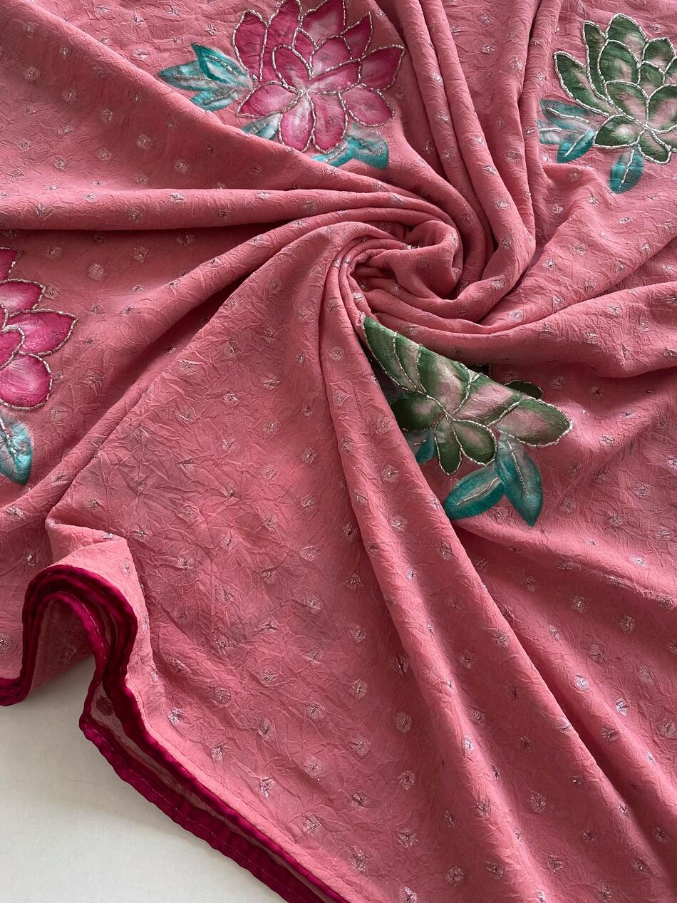 Ethnic Pink Handwork Crush Chiffon Silk Saree With Hypnotic Blouse Piece