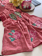 Ethnic Pink Handwork Crush Chiffon Silk Saree With Hypnotic Blouse Piece