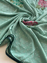 Scrumptious Sea Green Handwork Crush Chiffon Silk Saree With Aplomb Blouse Piece