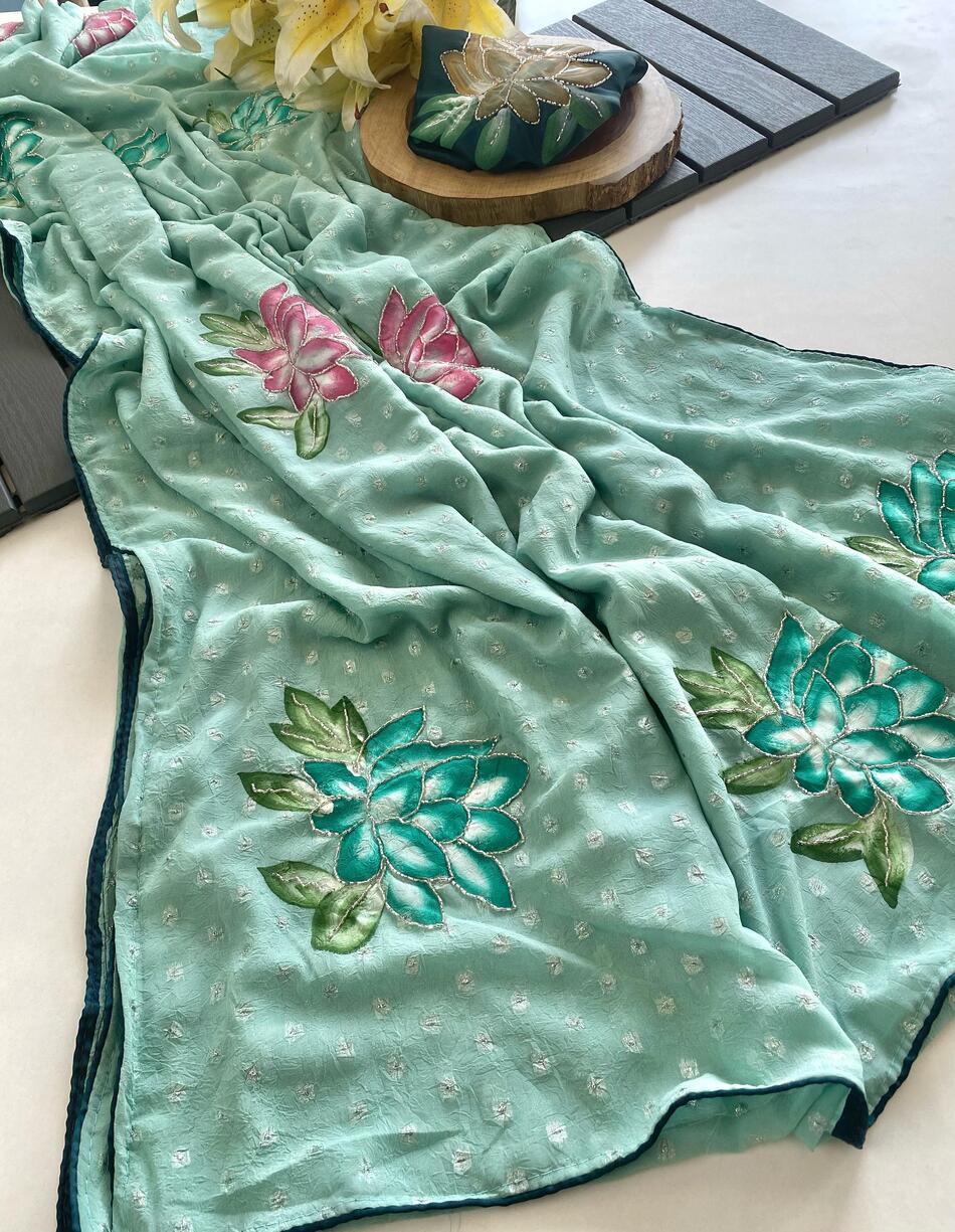 Scrumptious Sea Green Handwork Crush Chiffon Silk Saree With Aplomb Blouse Piece