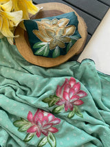 Scrumptious Sea Green Handwork Crush Chiffon Silk Saree With Aplomb Blouse Piece