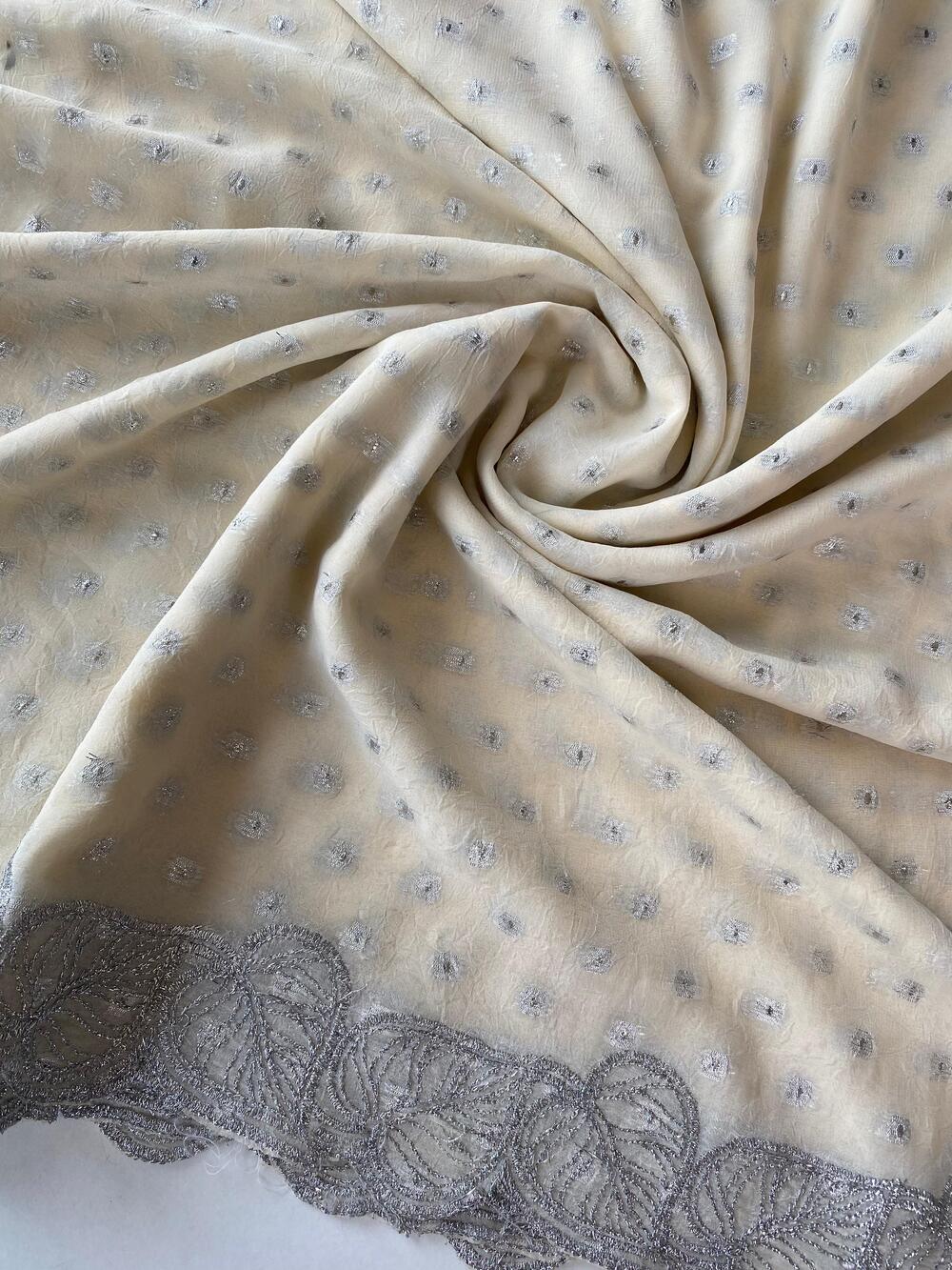Seraglio Off White Embroidery Work Crush Chiffon Silk Saree With Gossamer Blouse Piece