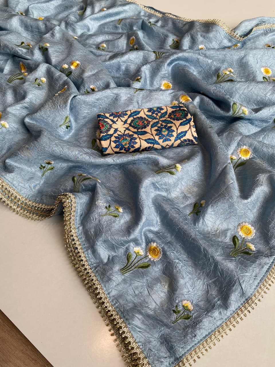 Bewitching Grey Embroidery Work Crush Silk Saree With Smashing Blouse Piece