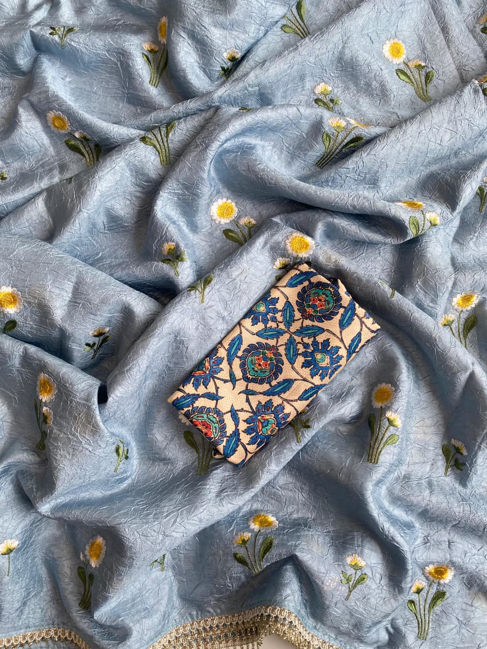 Bewitching Grey Embroidery Work Crush Silk Saree With Smashing Blouse Piece