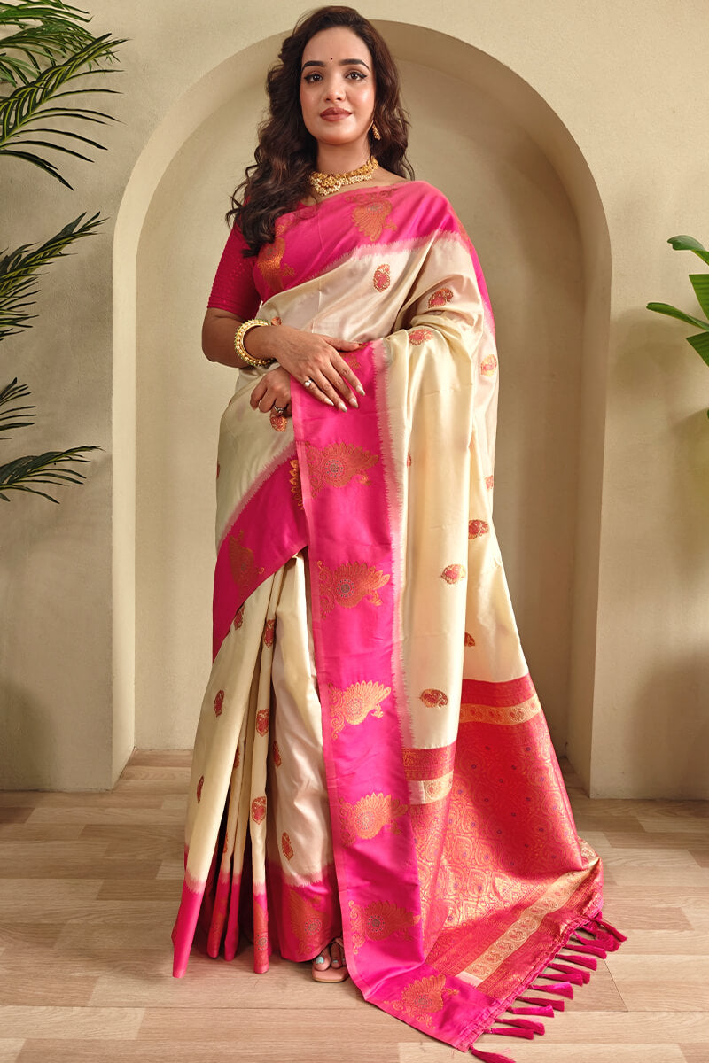 Angelic Beige Soft Banarasi Silk Saree With Transcendent Blouse Piece