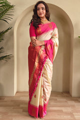 Angelic Beige Soft Banarasi Silk Saree With Transcendent Blouse Piece