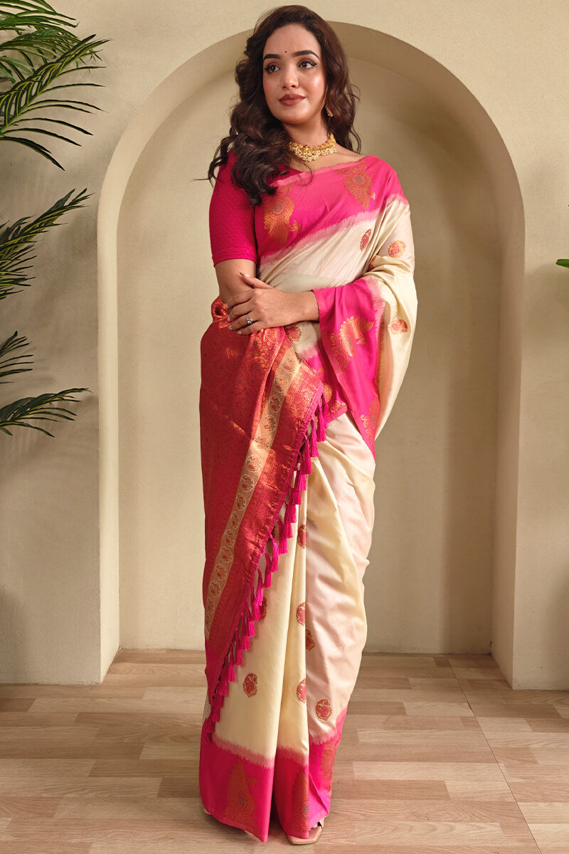 Angelic Beige Soft Banarasi Silk Saree With Transcendent Blouse Piece