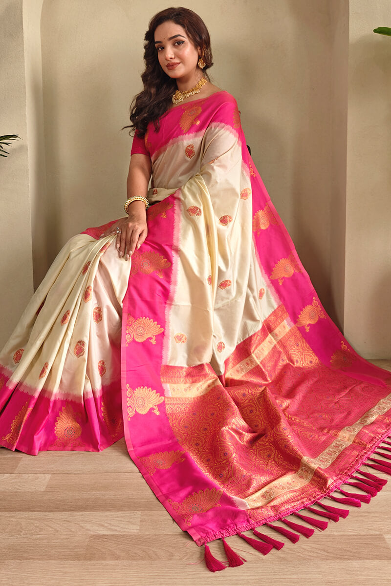 Angelic Beige Soft Banarasi Silk Saree With Transcendent Blouse Piece