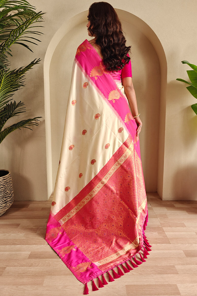 Angelic Beige Soft Banarasi Silk Saree With Transcendent Blouse Piece