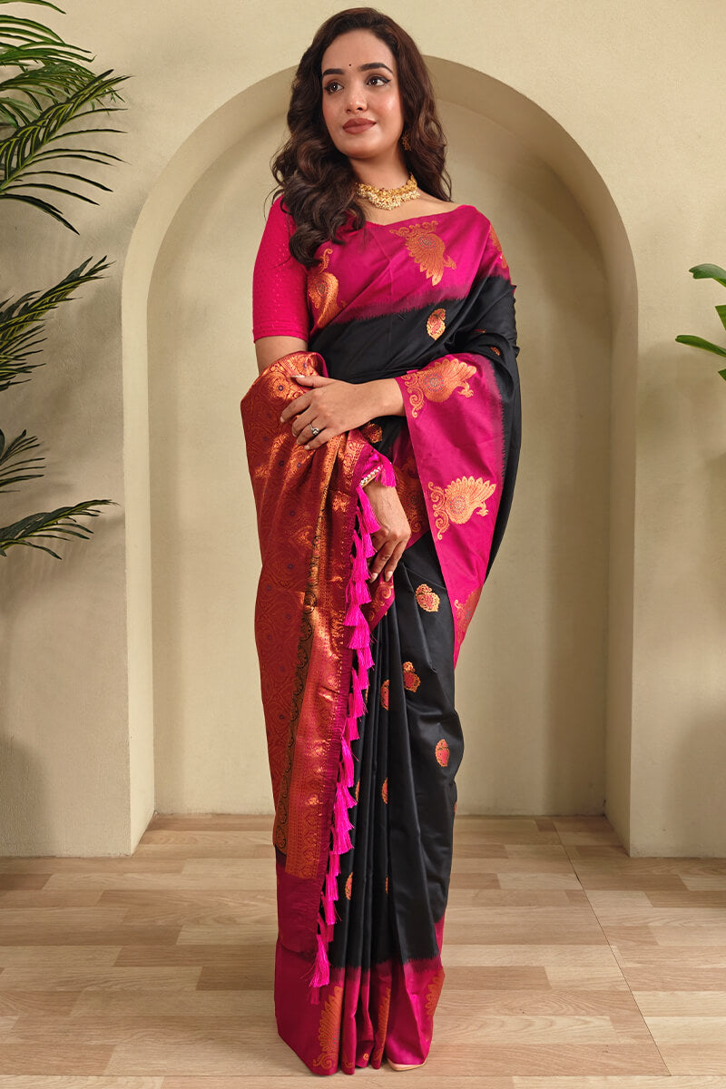 Conflate Black Soft Banarasi Silk Saree With Fragrant Blouse Piece