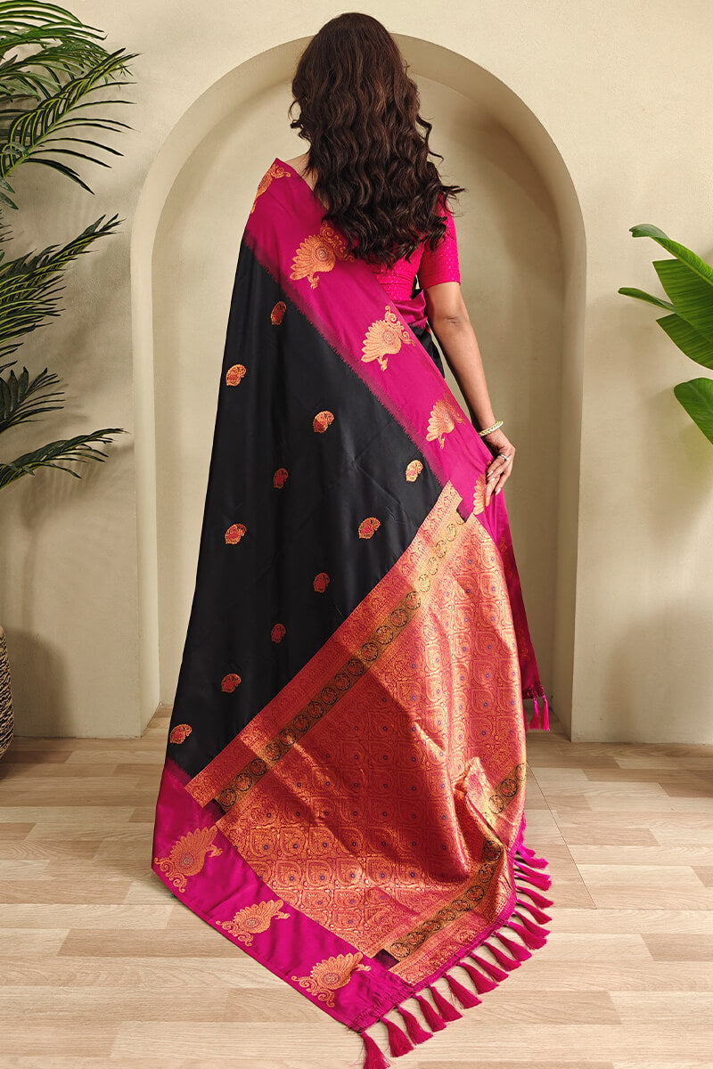 Conflate Black Soft Banarasi Silk Saree With Fragrant Blouse Piece