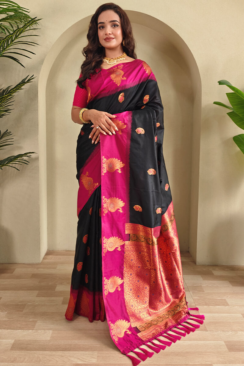 Conflate Black Soft Banarasi Silk Saree With Fragrant Blouse Piece