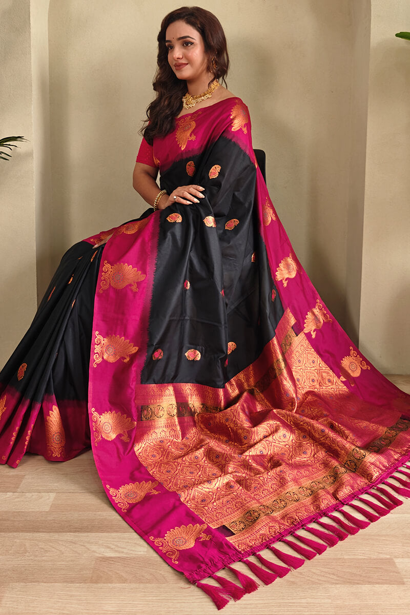 Conflate Black Soft Banarasi Silk Saree With Fragrant Blouse Piece