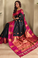 Conflate Black Soft Banarasi Silk Saree With Fragrant Blouse Piece