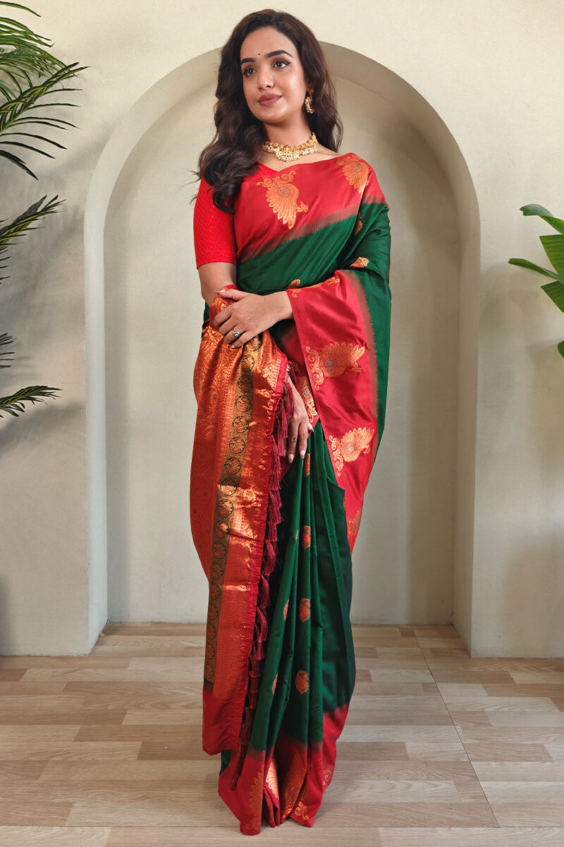 Dalliance Dark Green Soft Banarasi Silk Saree With Jubilant Blouse Piece