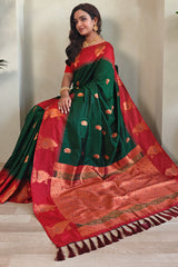 Dalliance Dark Green Soft Banarasi Silk Saree With Jubilant Blouse Piece