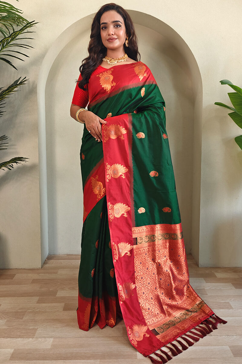 Dalliance Dark Green Soft Banarasi Silk Saree With Jubilant Blouse Piece