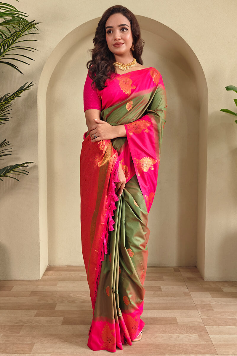 Nectarous Green Soft Banarasi Silk Saree With Imaginative Blouse Piece
