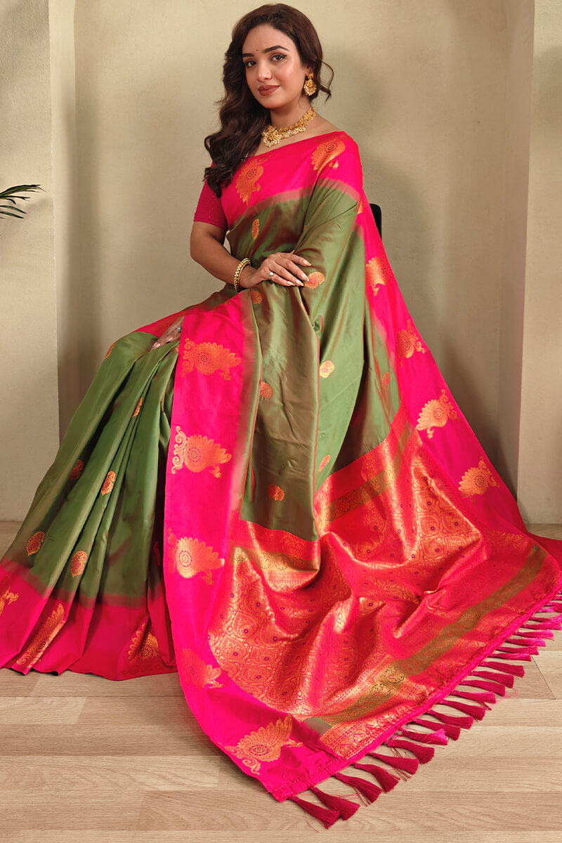 Nectarous Green Soft Banarasi Silk Saree With Imaginative Blouse Piece