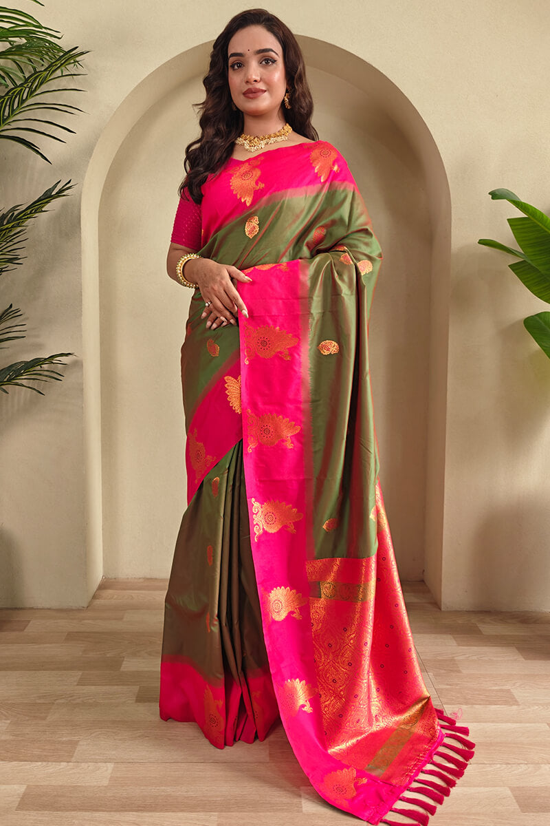 Nectarous Green Soft Banarasi Silk Saree With Imaginative Blouse Piece