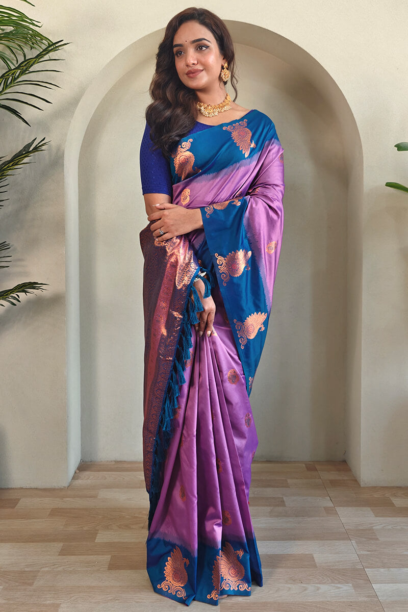 Breathtaking Lavender Soft Banarasi Silk Saree With Invaluable Blouse Piece