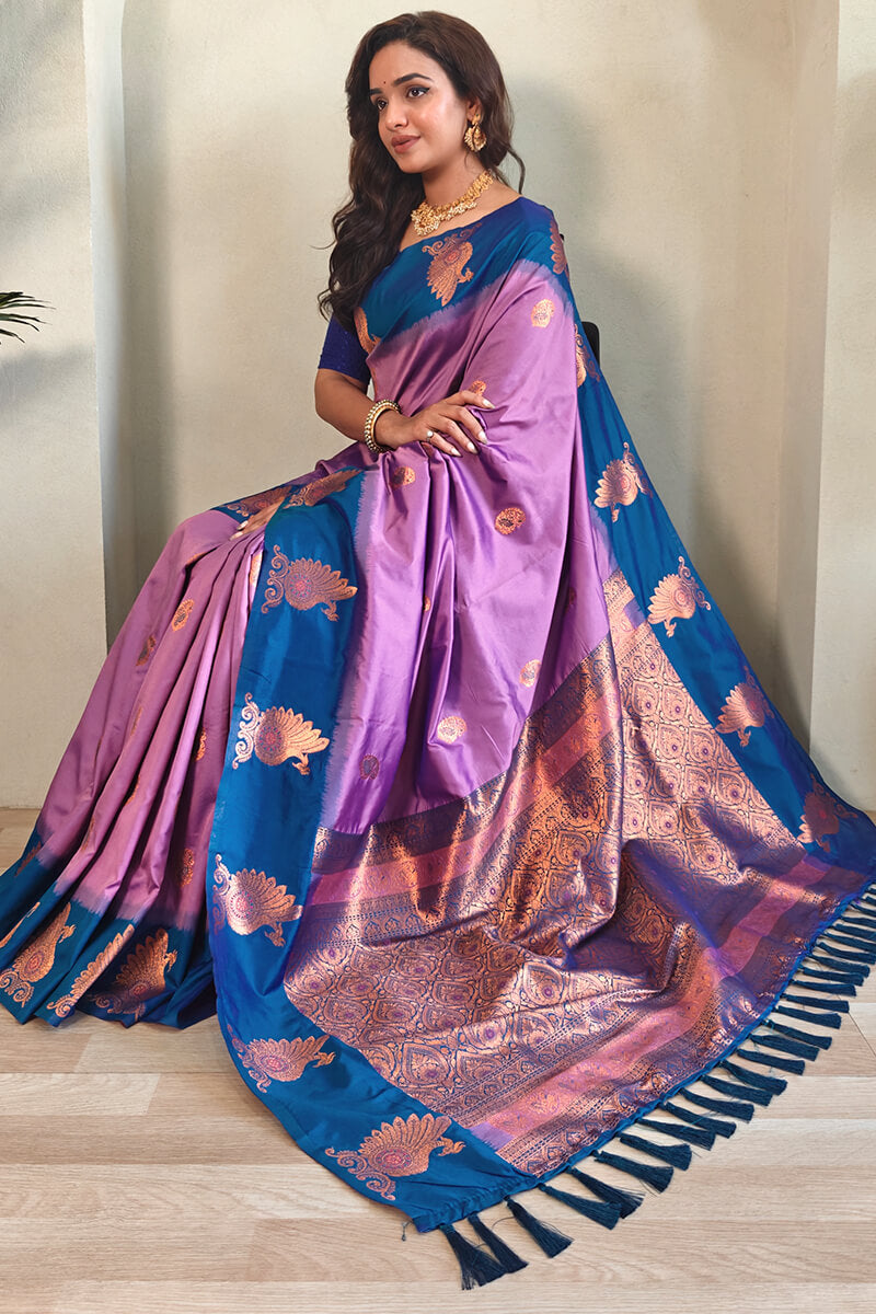Breathtaking Lavender Soft Banarasi Silk Saree With Invaluable Blouse Piece