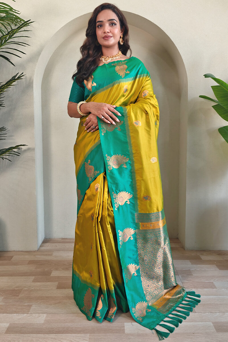 Chatoyant Mustard Soft Banarasi Silk Saree With Splendorous Blouse Piece