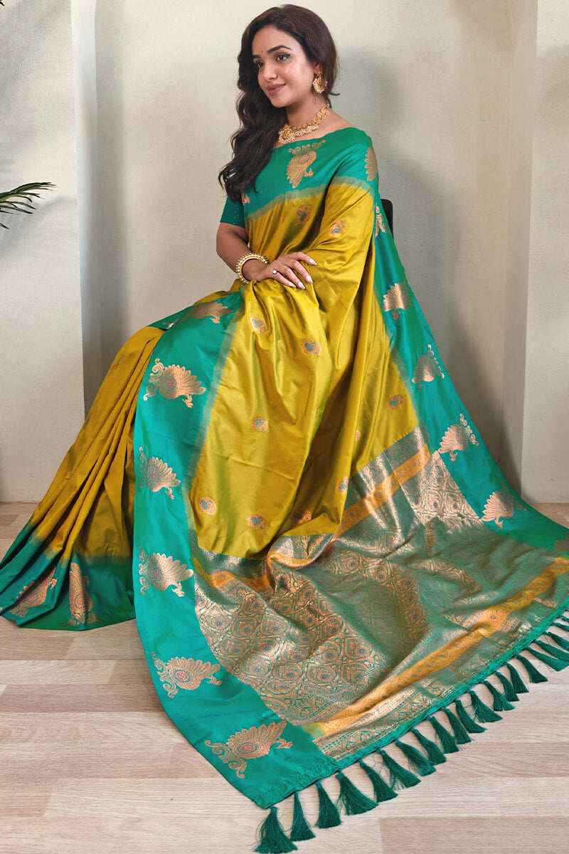Chatoyant Mustard Soft Banarasi Silk Saree With Splendorous Blouse Piece