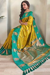 Chatoyant Mustard Soft Banarasi Silk Saree With Splendorous Blouse Piece
