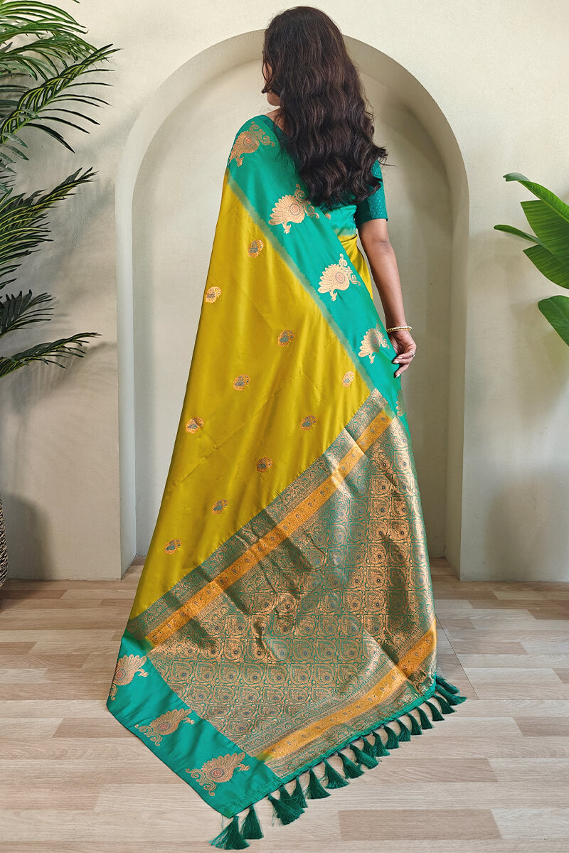 Chatoyant Mustard Soft Banarasi Silk Saree With Splendorous Blouse Piece