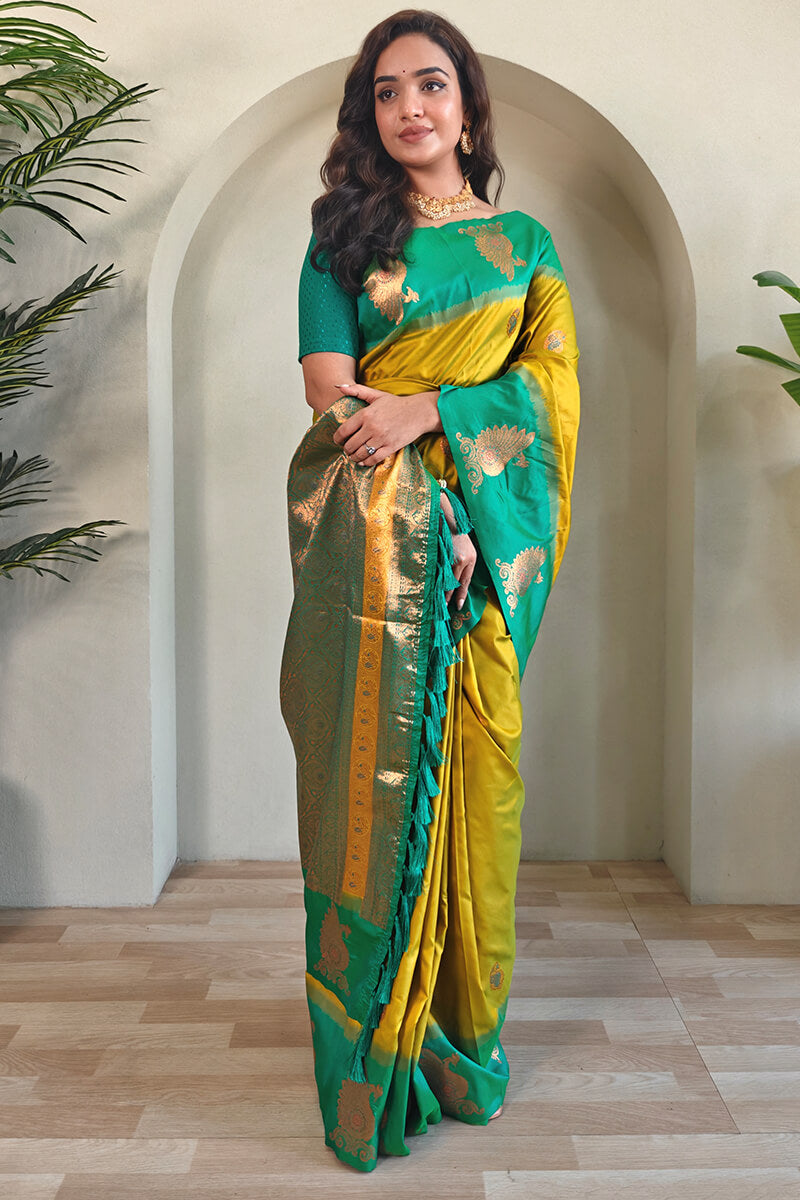 Chatoyant Mustard Soft Banarasi Silk Saree With Splendorous Blouse Piece