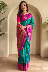 Classic Rama Soft Banarasi Silk Saree With Ethnic Blouse Piece