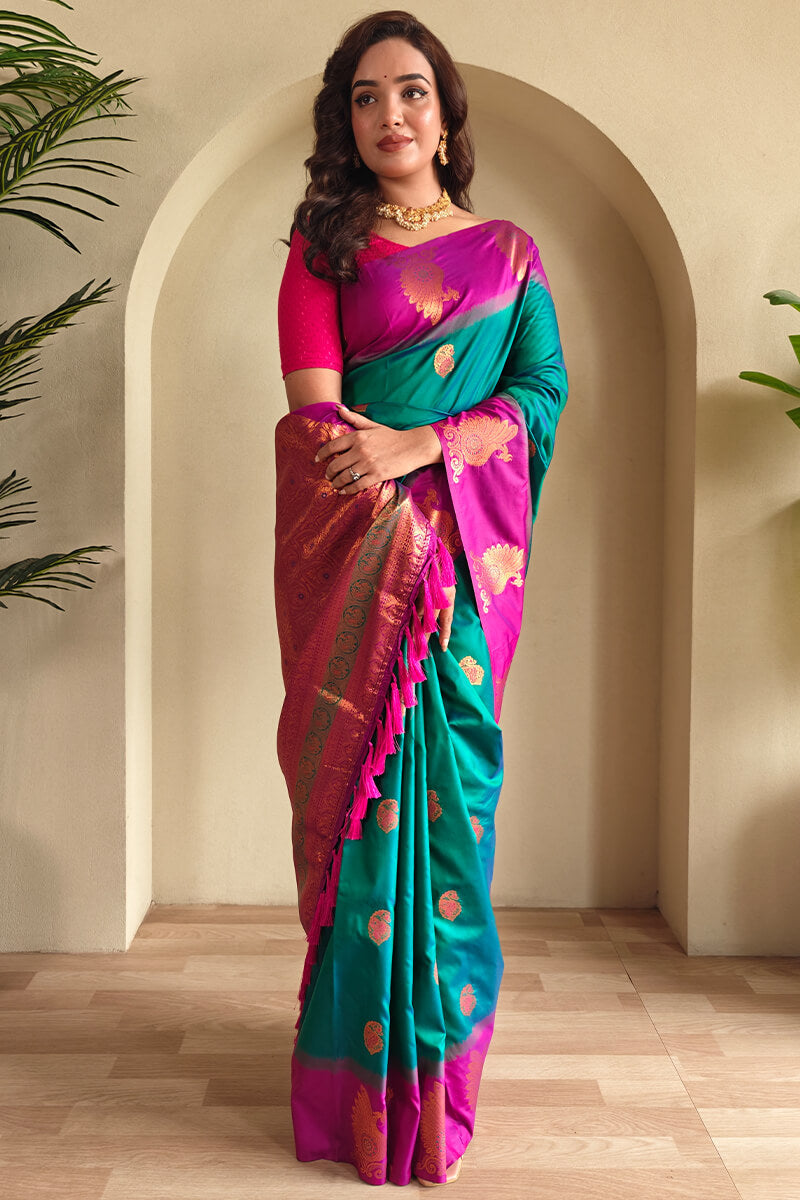 Classic Rama Soft Banarasi Silk Saree With Ethnic Blouse Piece