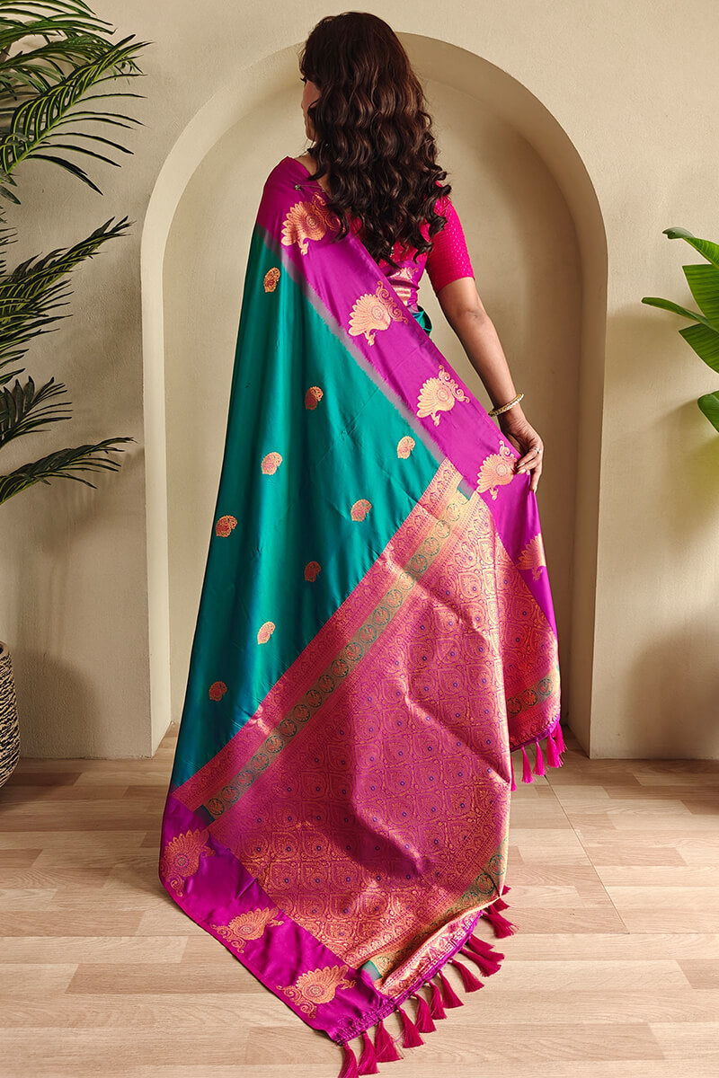 Classic Rama Soft Banarasi Silk Saree With Ethnic Blouse Piece