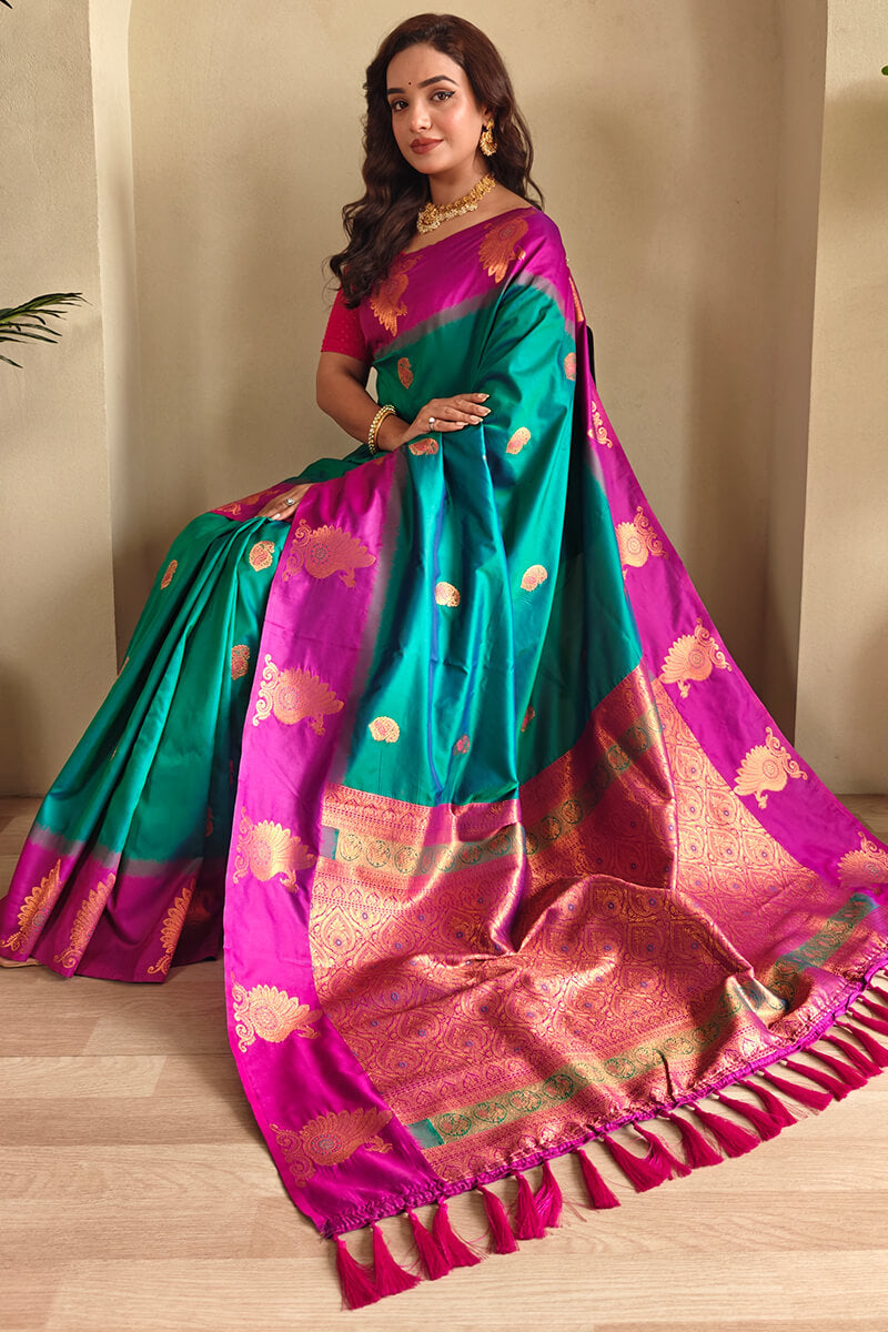 Classic Rama Soft Banarasi Silk Saree With Ethnic Blouse Piece